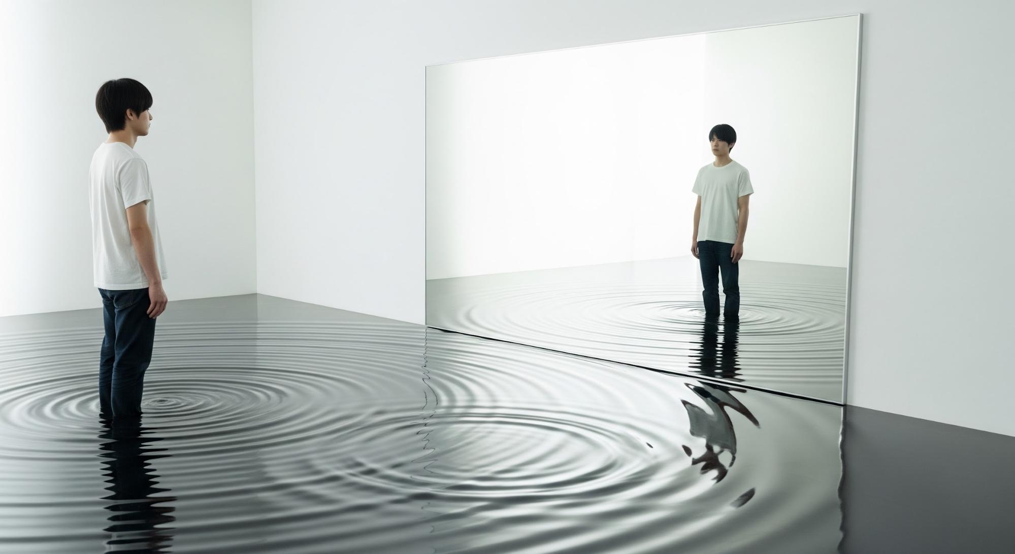 一人の20代の男性が、静かで澄み切った鏡の前に立っている。