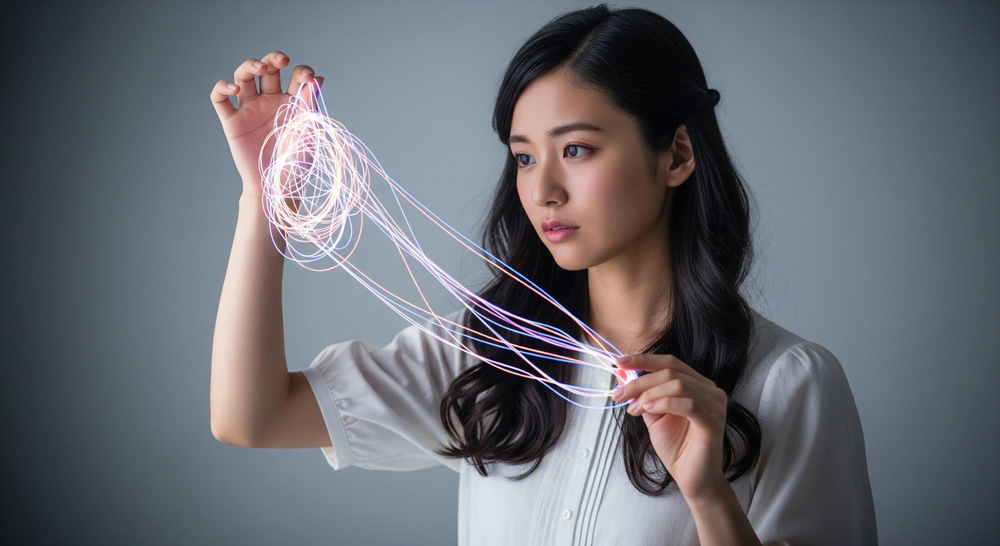 女性が、光り輝く複雑な糸のようなものを手にしている様子