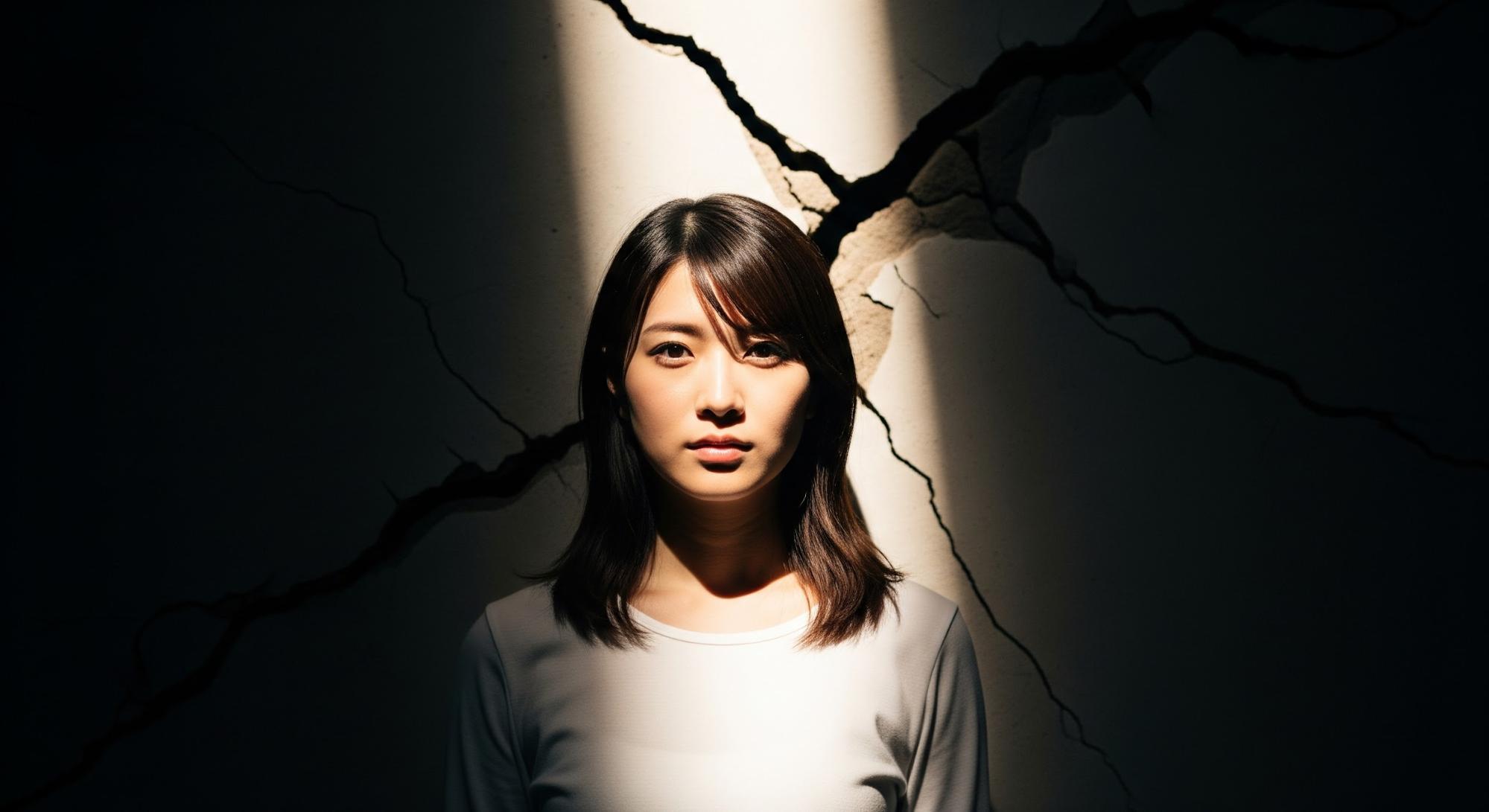 女性が、明るいところで顔を正面に向けて、はっきりとした決意のある表情でカメラを見つめている。
