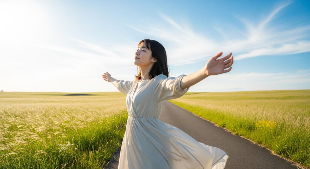 雲一つない青空の下、広大な草原に立つ20代日本人女性が、両手を広げて穏やかな表情で風を感じている。