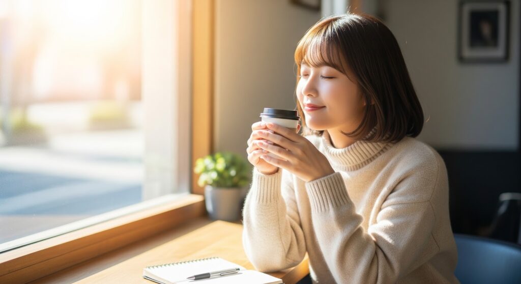 明るい日差しが差し込むカフェの窓際で、女性が満足そうな表情でコーヒーカップを両手で持ち、穏やかに目を閉じている