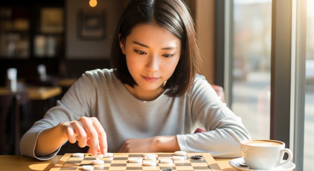 カフェのテーブルで、オセロ盤を前に少し考え込んでいる女性