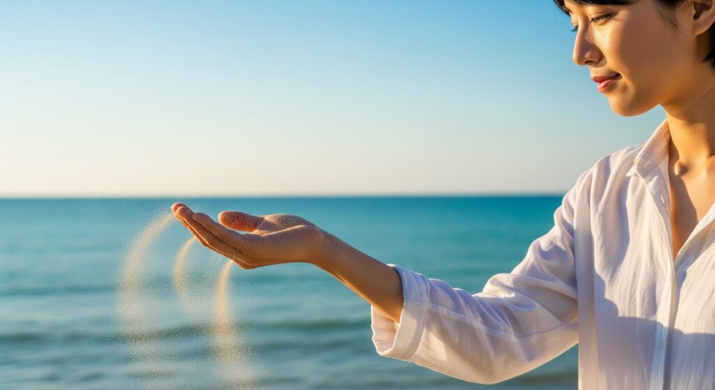 穏やかな海岸で、開いた手のひらから砂が風に舞って流れていく様子を捉えた写真